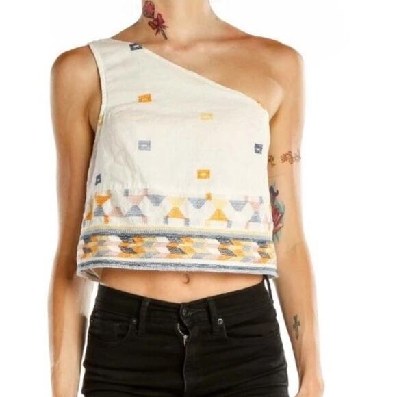NWT‎ Free People One Shoulder Aztec Bali Baby Boho Embroidered Crop Top Medium - Picture 13 of 13